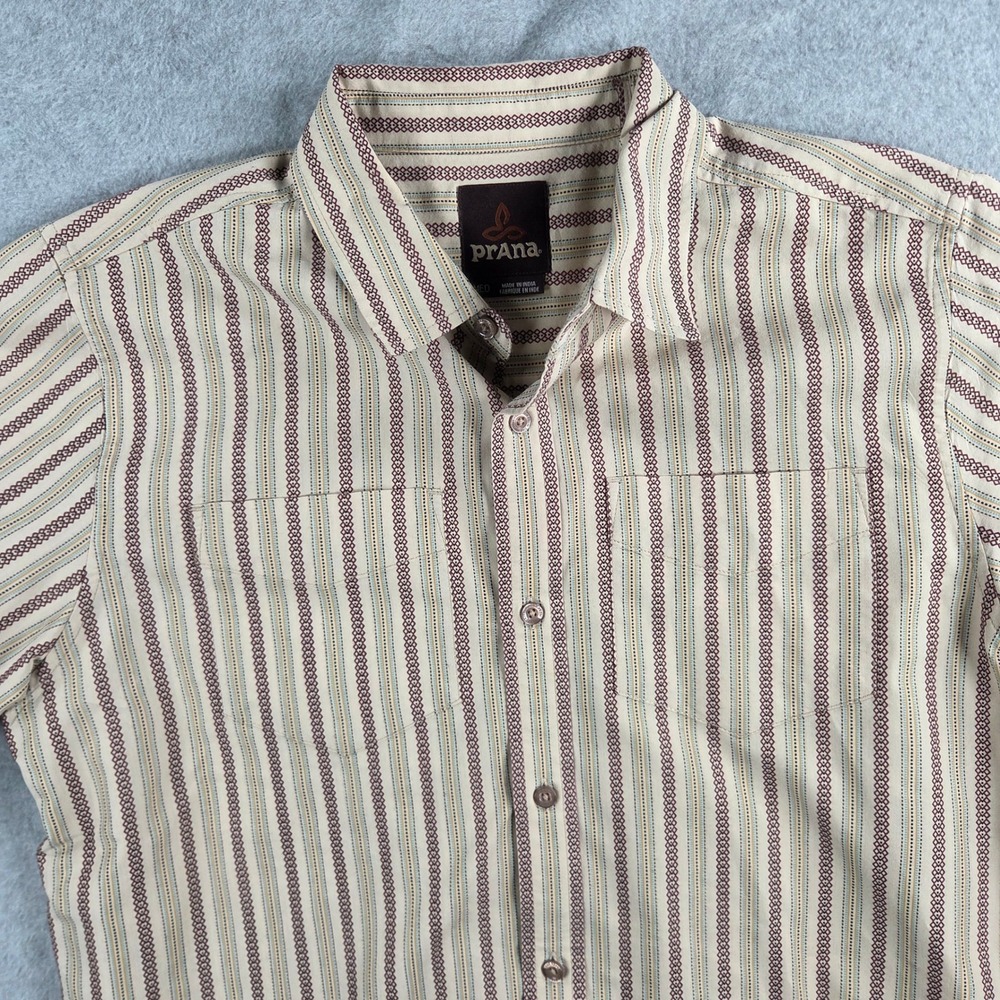 prAna Button Down Shirt Men Medium Tan Burgundy Geometric Stripe Short Sleeve